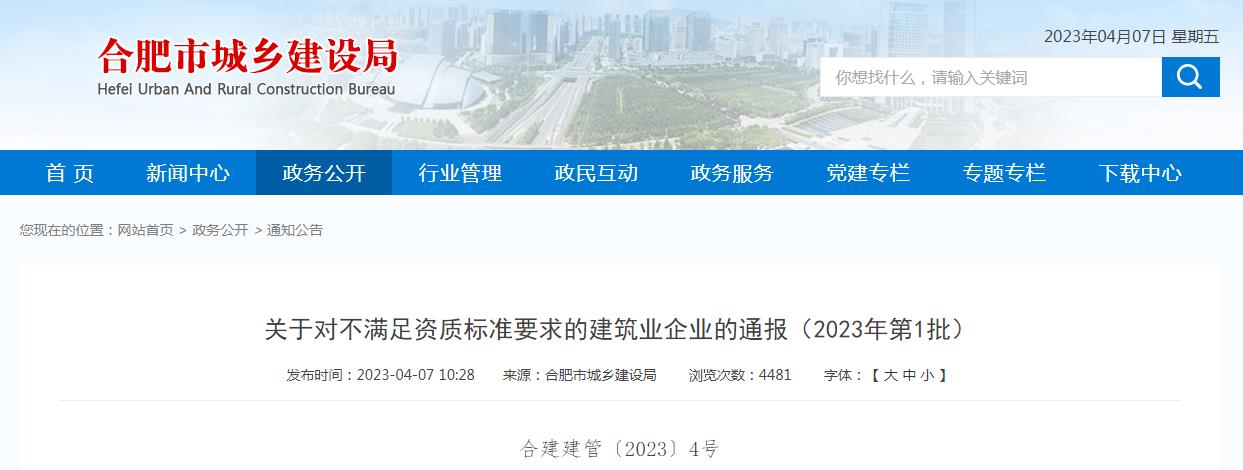 關于2023年合肥第1批不滿足資質標準要求的建筑業企業通報